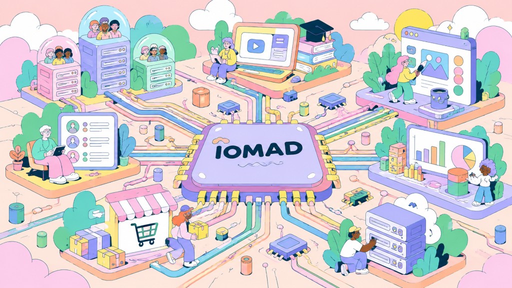 Illustration of an IOMAD chip at the center, linked by cables to companies, courses, a shop, reports, branding, and servers.